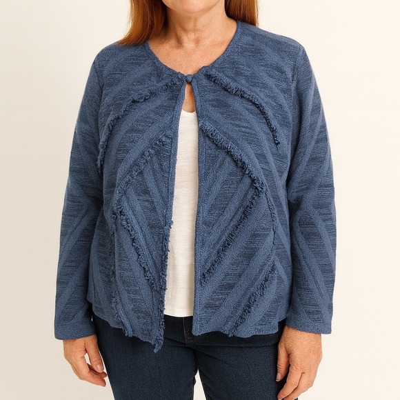 Chico's Blue Cotton Blend Fringe Textured Cardigan Sweater 3 XL (16) Stripe - Picture 1 of 10